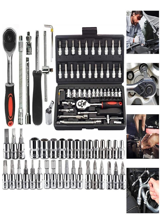 Sument Tool Kit 46 Pieces 1/4-Inch Drive Socket Wrench Set Metric Mechanic Tools Kit Bit Ratchet Sockets with Extension Bar for Automotive, Car, Bike, Household and Auto Repairing - Image 1